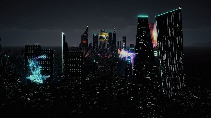 Night covers everything in a cyberpunk city, with lights glittering in the tall buildings.